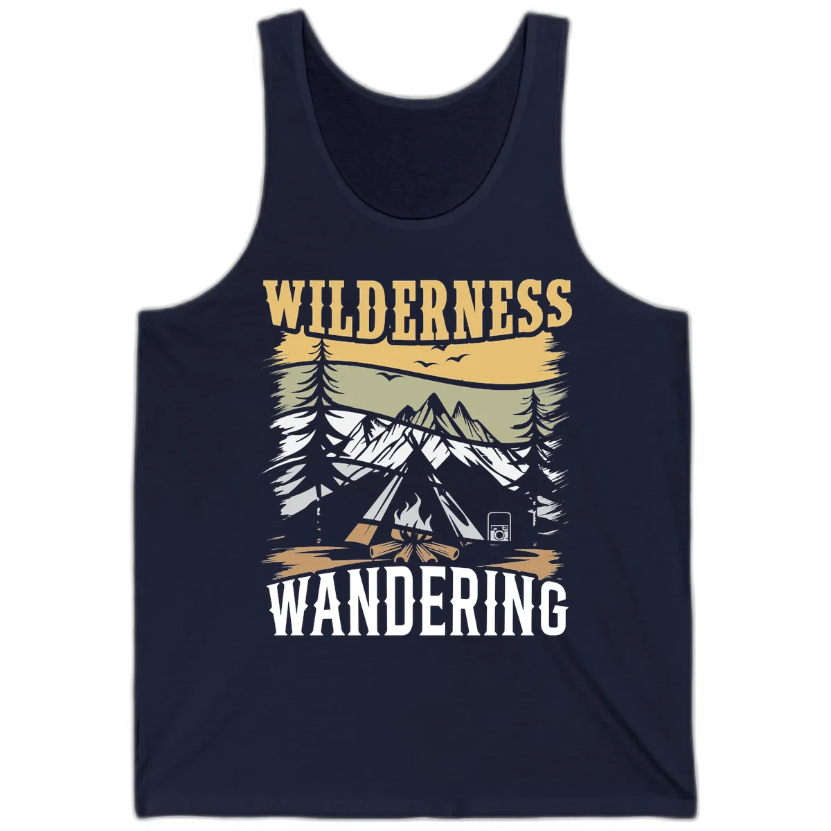 Vintage wilderness wandering design featuring snow mountains, tent, campfire, and evergreen trees with layered landscape bands in Navy