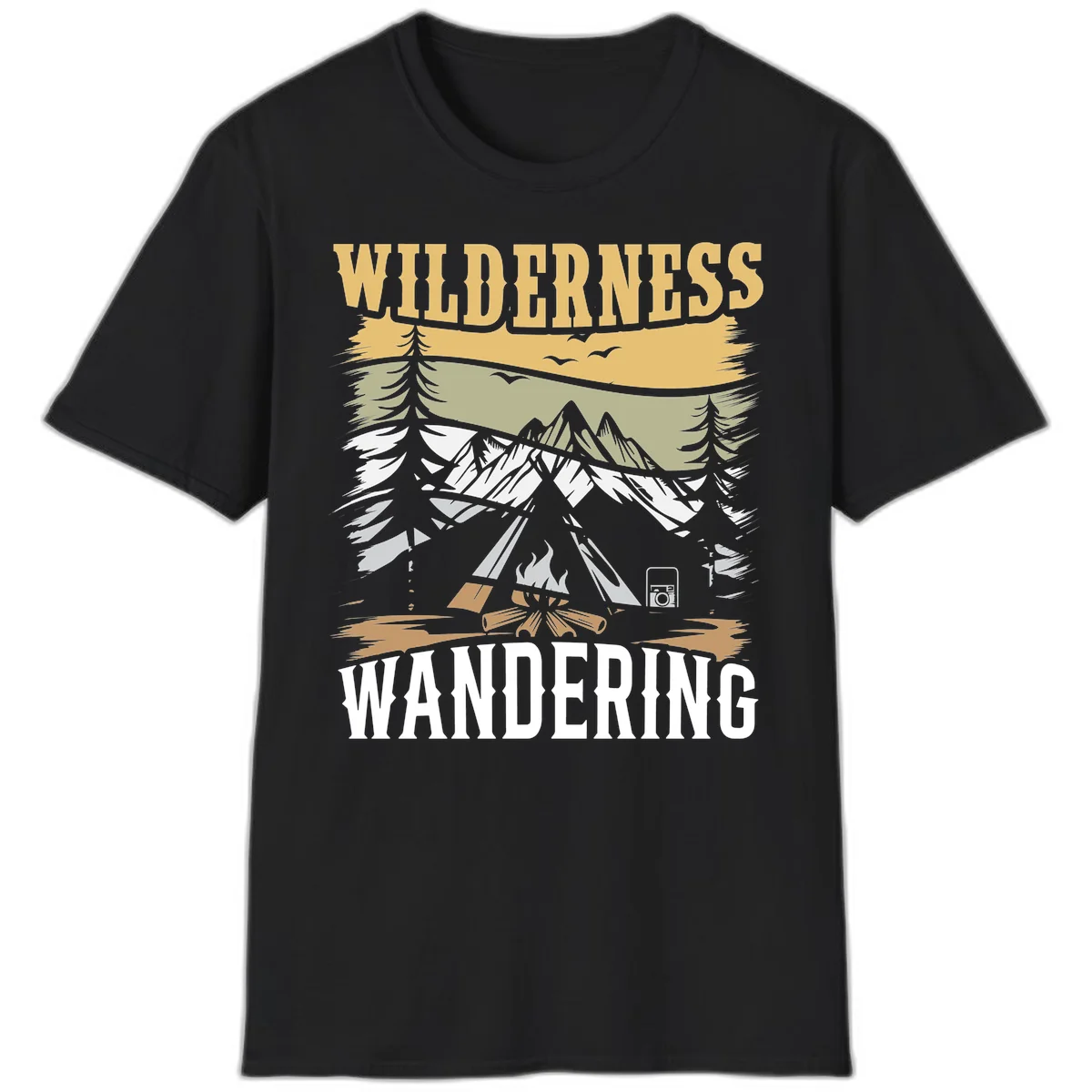 Vintage wilderness wandering design featuring snow mountains, tent, campfire, and evergreen trees with layered landscape bands in Black