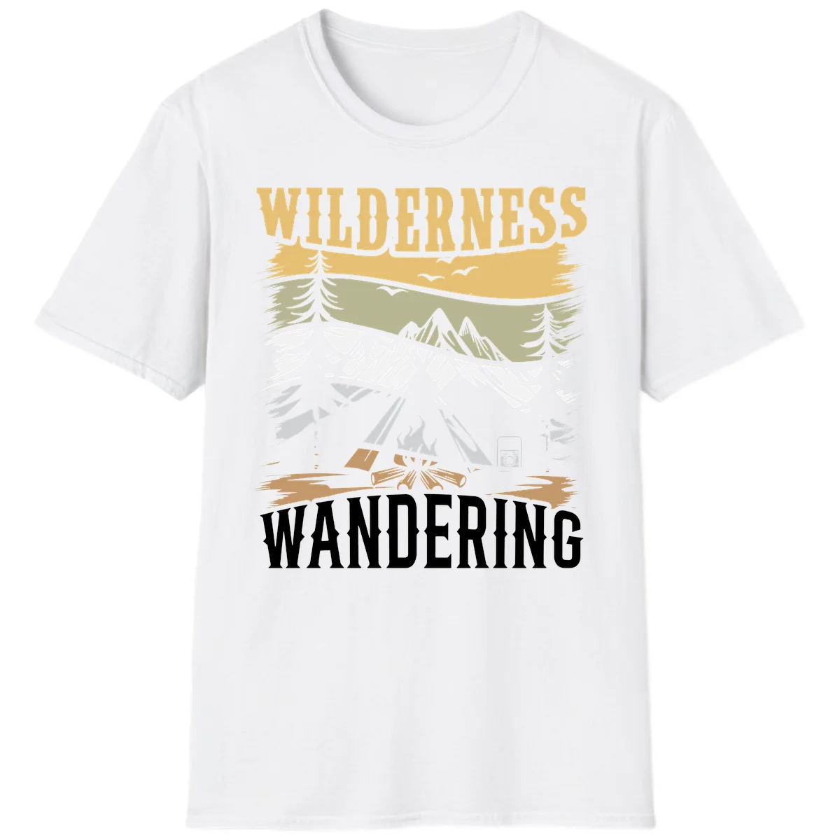 Vintage wilderness wandering design featuring snow mountains, tent, campfire, and evergreen trees with layered landscape bands in White