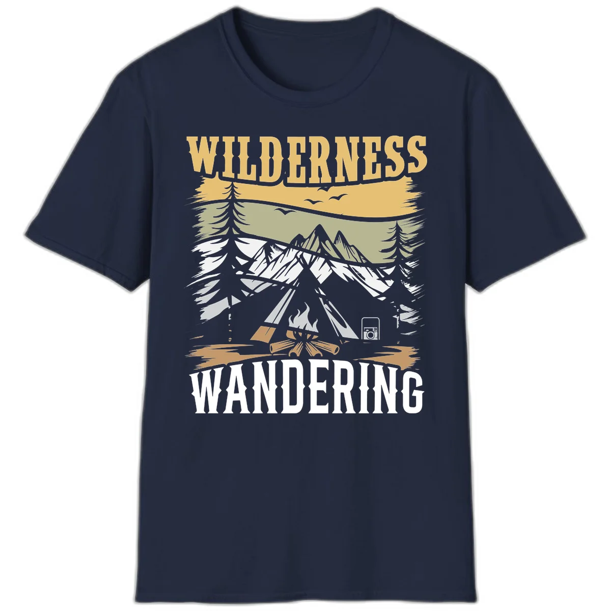 Vintage wilderness wandering design featuring snow mountains, tent, campfire, and evergreen trees with layered landscape bands in Navy