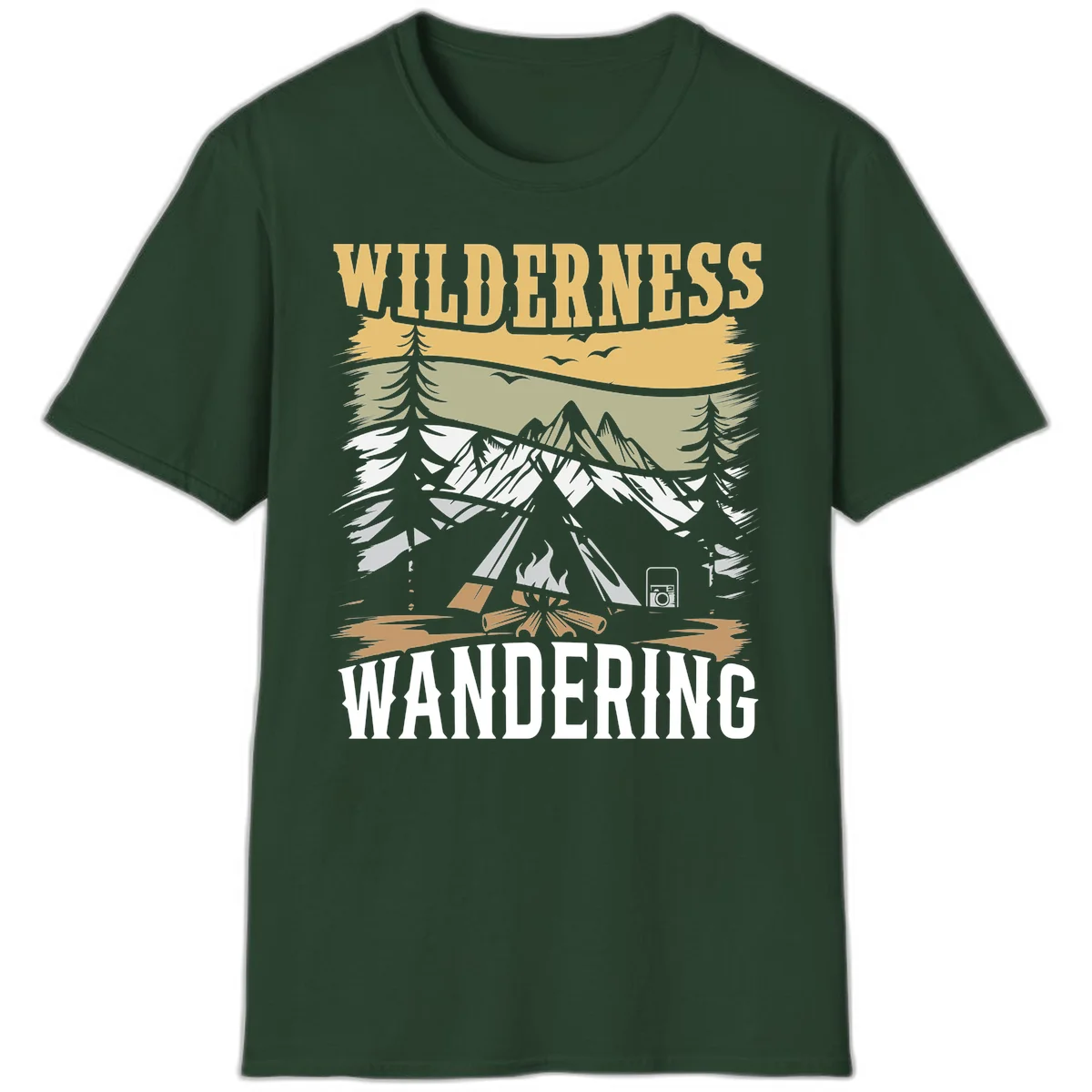 Vintage wilderness wandering design featuring snow mountains, tent, campfire, and evergreen trees with layered landscape bands in Forest Green