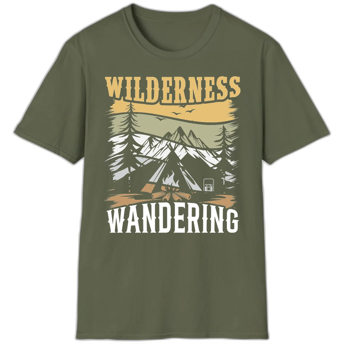 Vintage wilderness wandering design featuring snow mountains, tent, campfire, and evergreen trees with layered landscape bands in Military Green