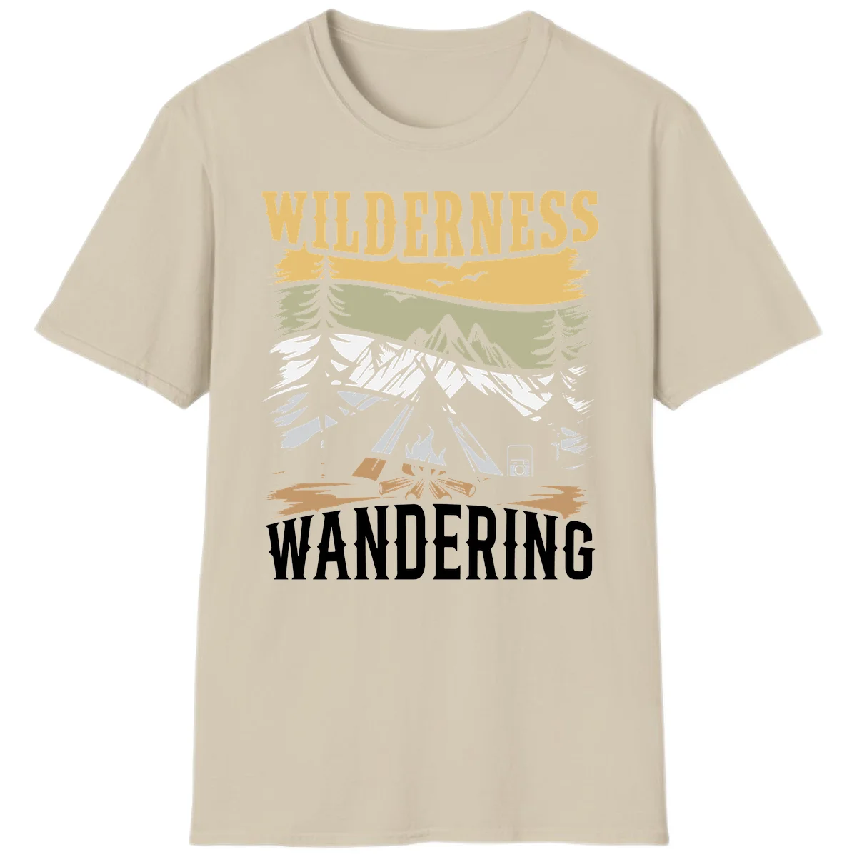 Vintage wilderness wandering design featuring snow mountains, tent, campfire, and evergreen trees with layered landscape bands in Sand