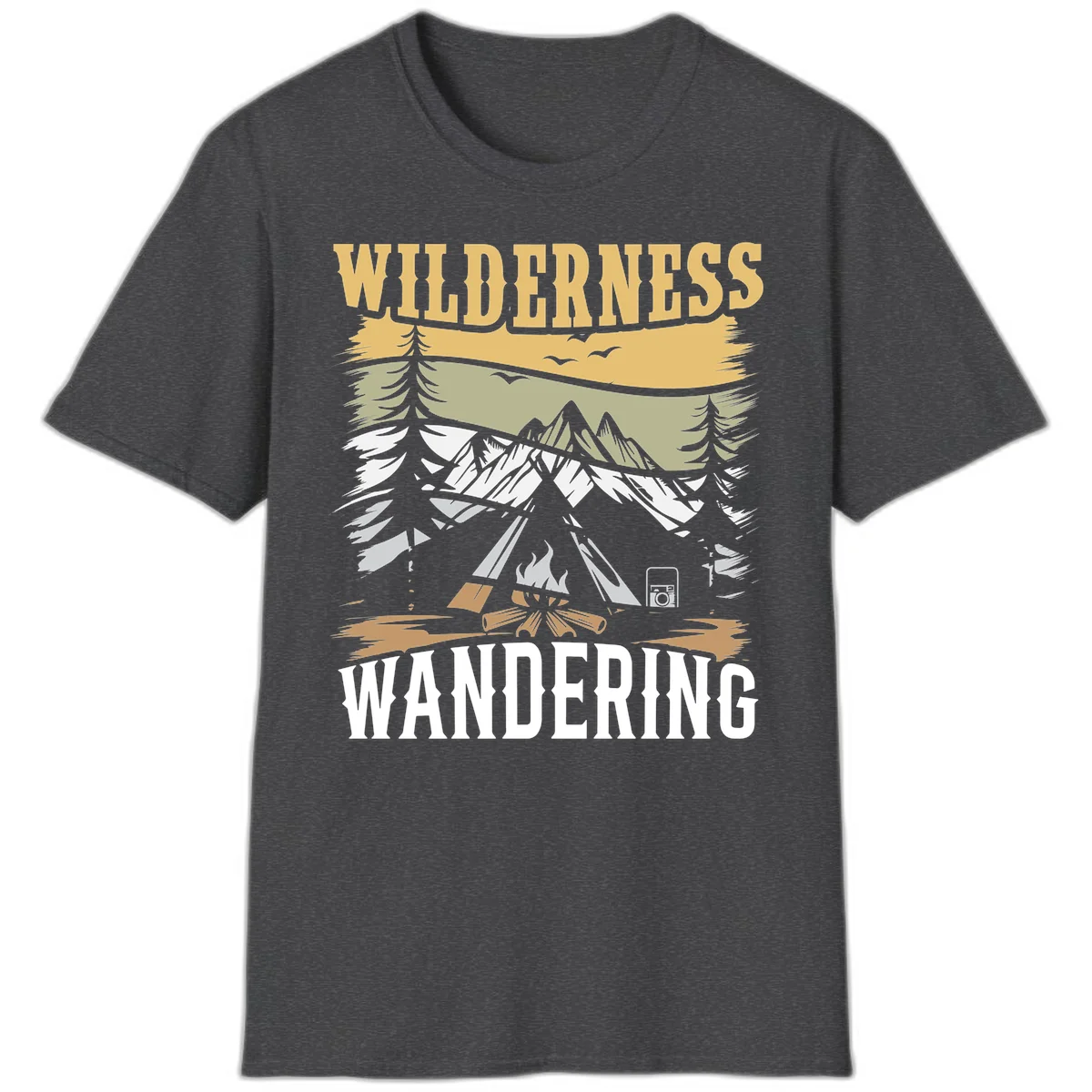 Vintage wilderness wandering design featuring snow mountains, tent, campfire, and evergreen trees with layered landscape bands in Dark Heather