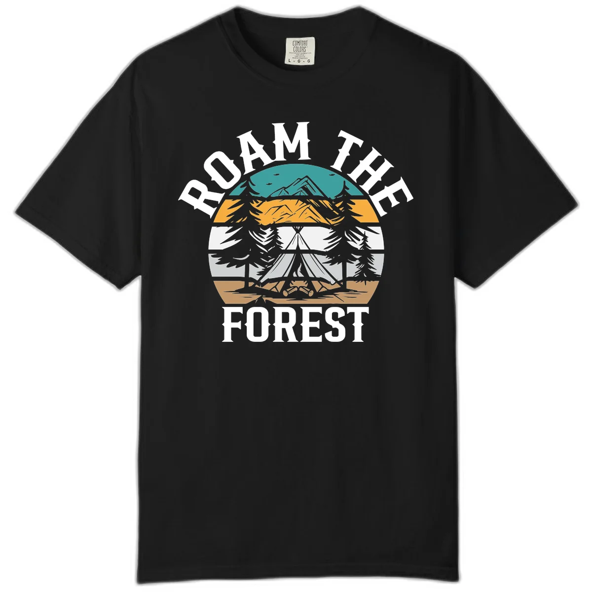 Roam the forest camping badge with tent, campfire, and layered landscape design in teal, gold, and white in Black
