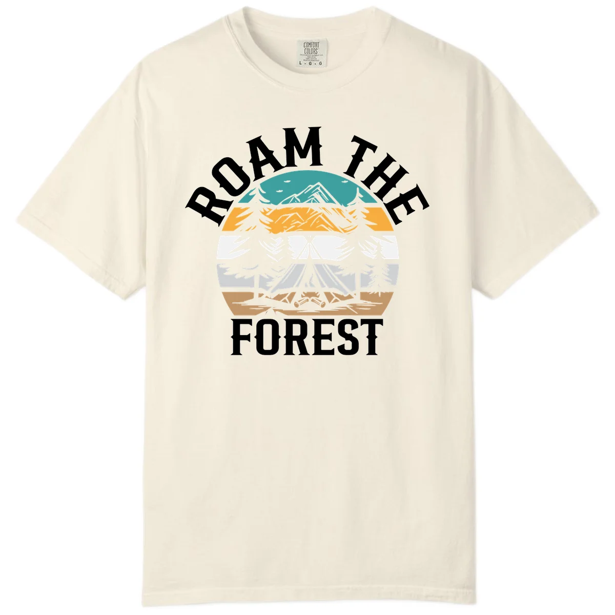 Roam the forest camping badge with tent, campfire, and layered landscape design in teal, gold, and white in Ivory
