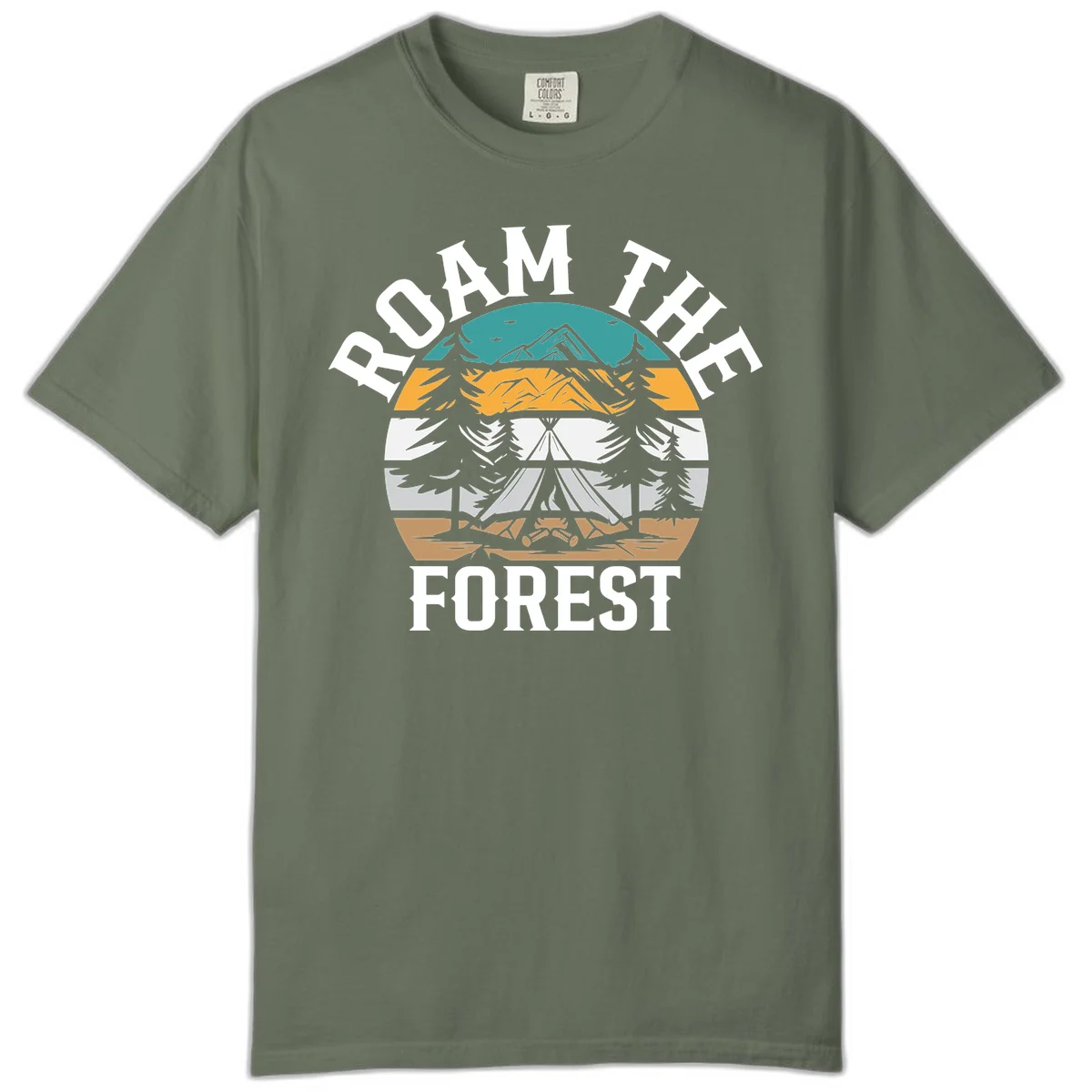Roam the forest camping badge with tent, campfire, and layered landscape design in teal, gold, and white in Moss