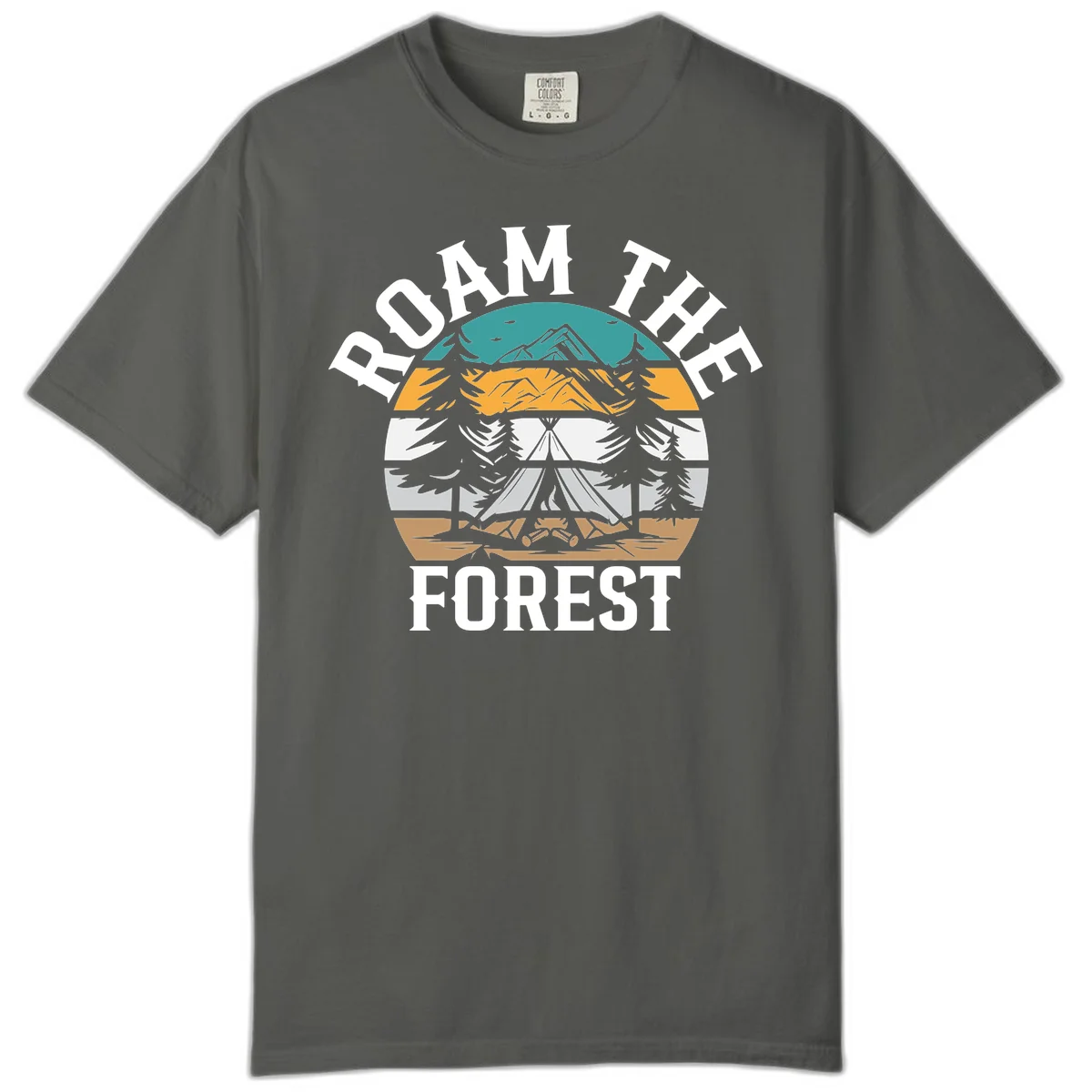 Roam the forest camping badge with tent, campfire, and layered landscape design in teal, gold, and white in Pepper