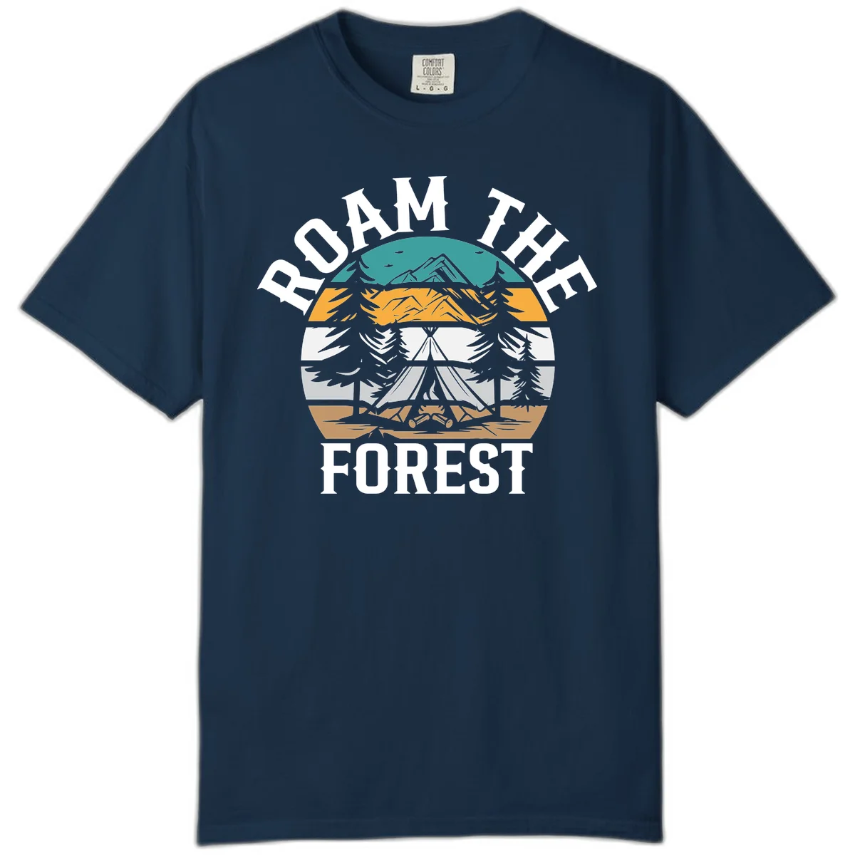 Roam the forest camping badge with tent, campfire, and layered landscape design in teal, gold, and white in True Navy