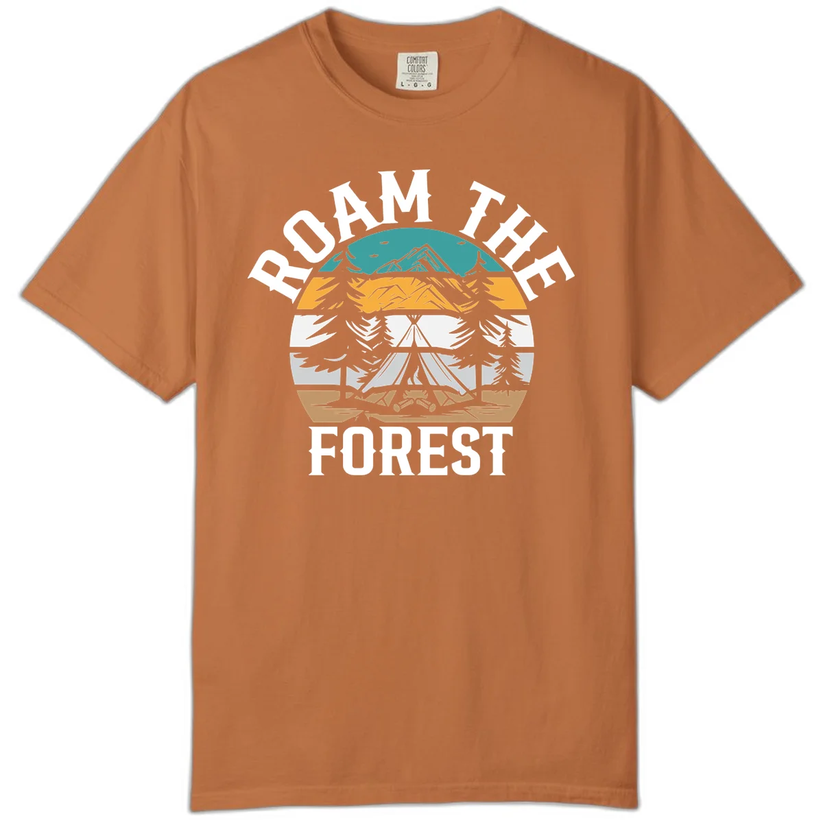 Roam the forest camping badge with tent, campfire, and layered landscape design in teal, gold, and white in Yam