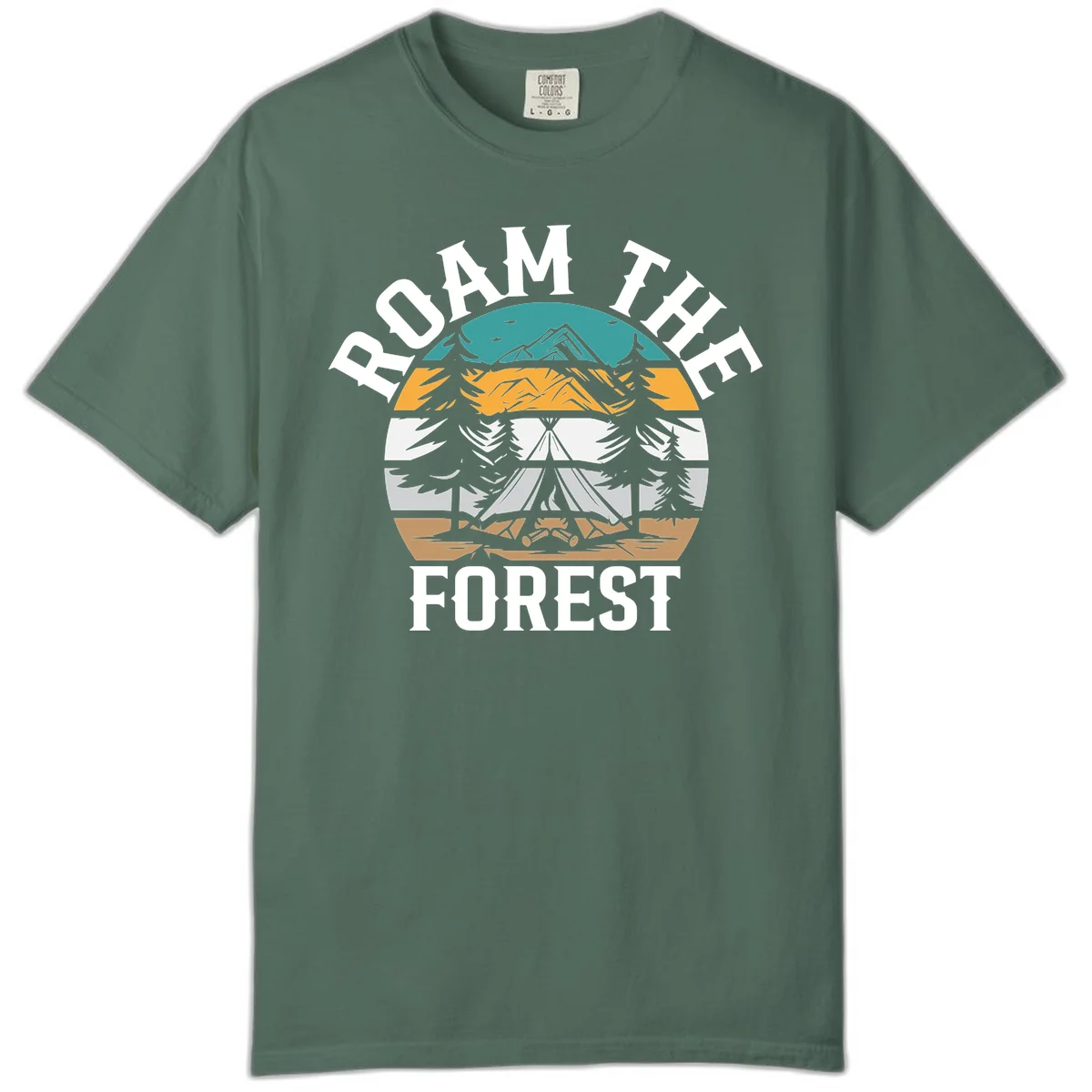 Roam the forest camping badge with tent, campfire, and layered landscape design in teal, gold, and white in Blue Spruce