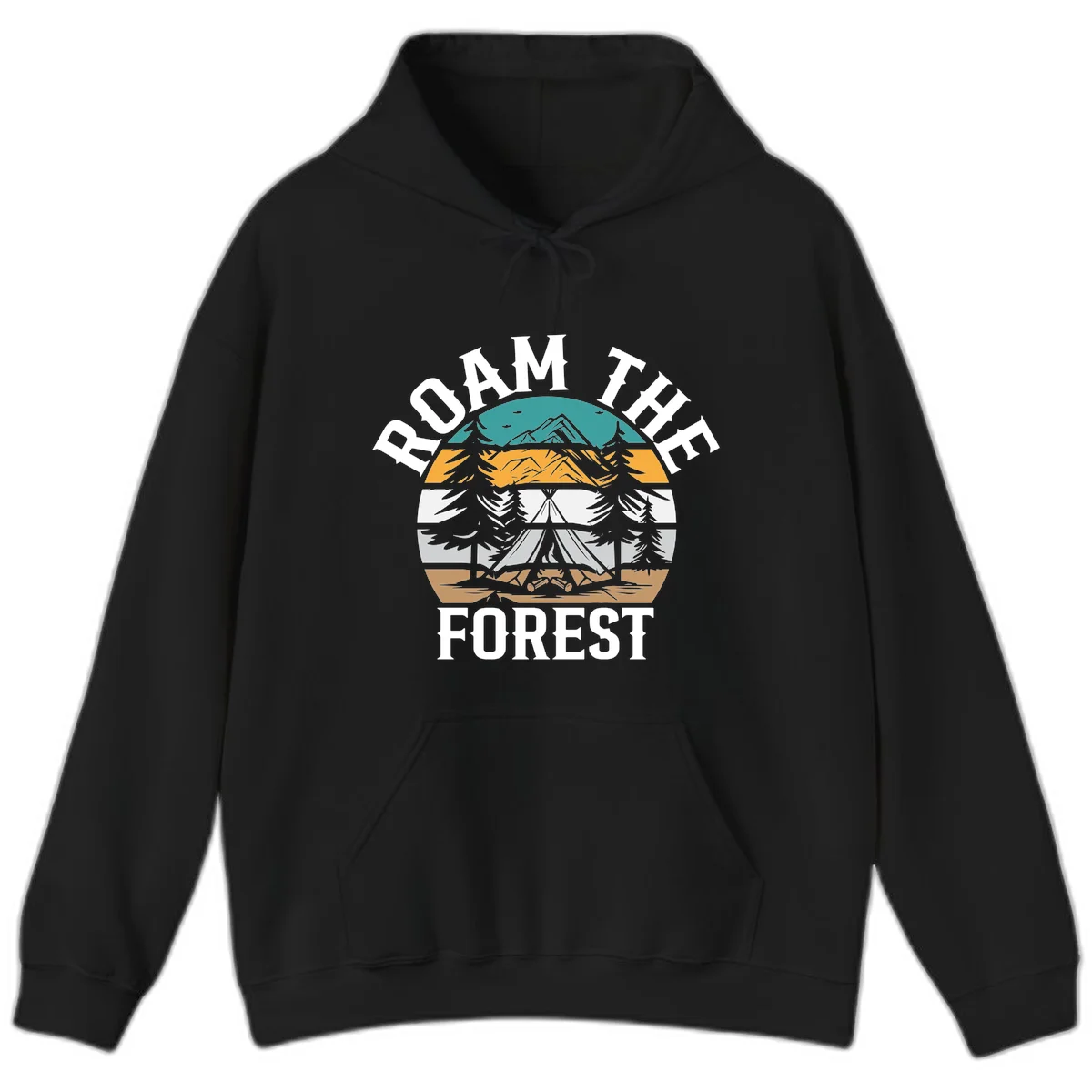Roam the forest camping badge with tent, campfire, and layered landscape design in teal, gold, and white in Black