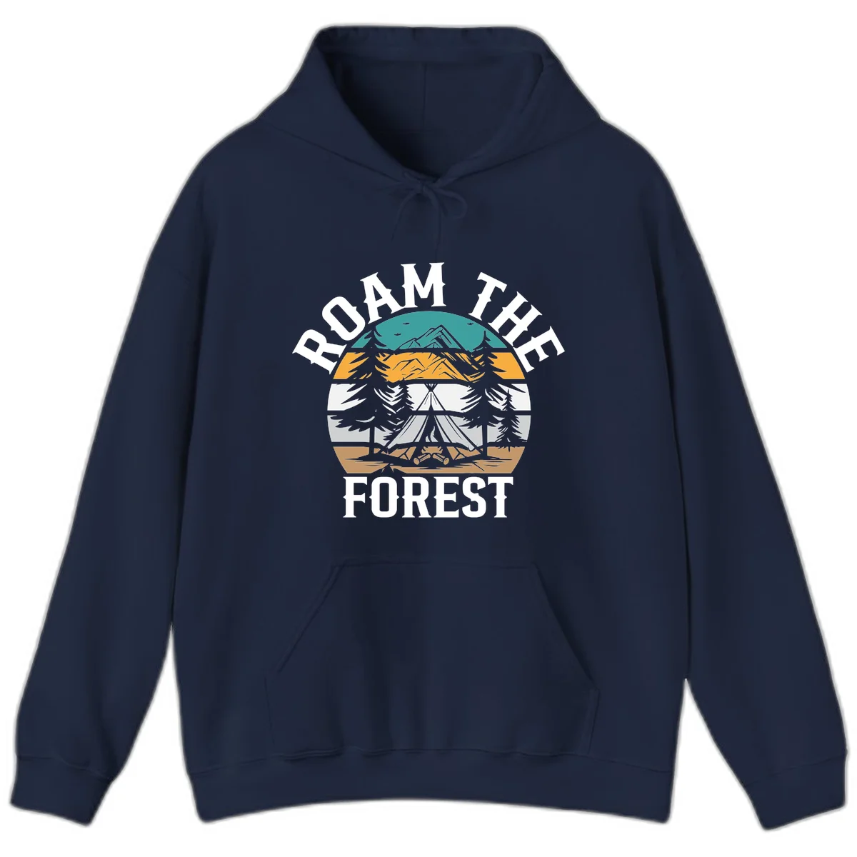 Roam the forest camping badge with tent, campfire, and layered landscape design in teal, gold, and white in Navy