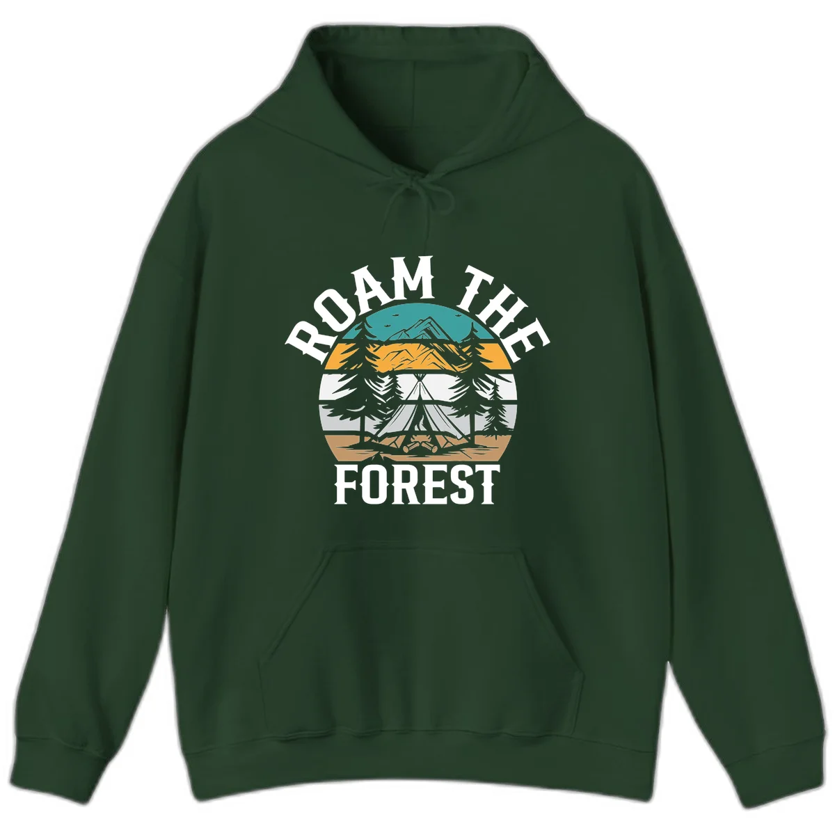 Roam the forest camping badge with tent, campfire, and layered landscape design in teal, gold, and white in Forest Green
