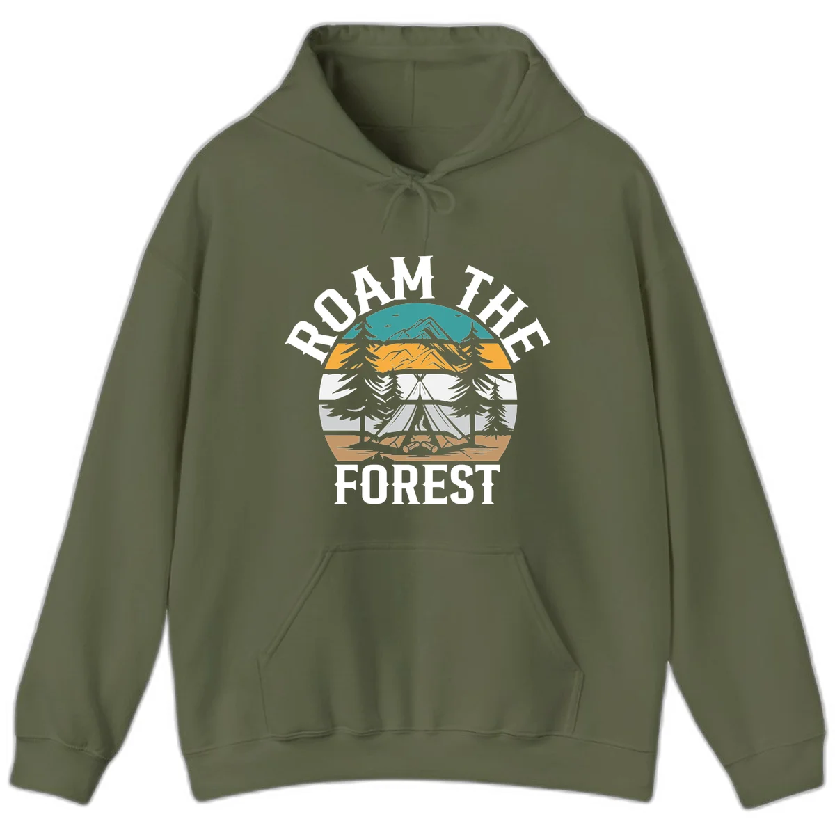 Roam the forest camping badge with tent, campfire, and layered landscape design in teal, gold, and white in Military Green