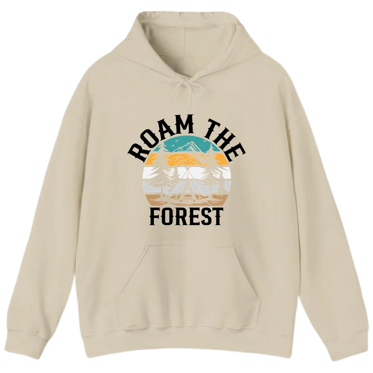 Roam the forest camping badge with tent, campfire, and layered landscape design in teal, gold, and white in Sand