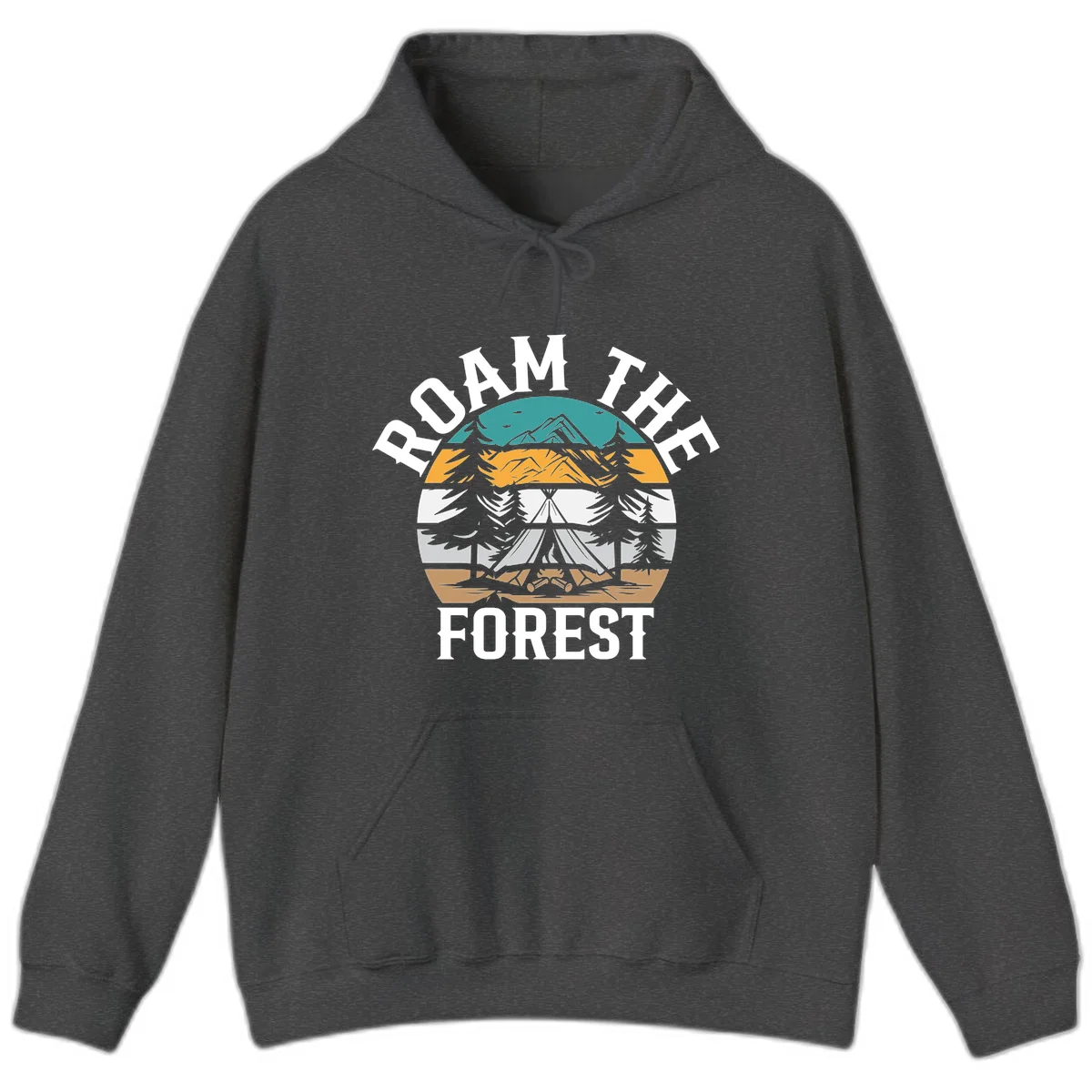 Roam the forest camping badge with tent, campfire, and layered landscape design in teal, gold, and white in Dark Heather