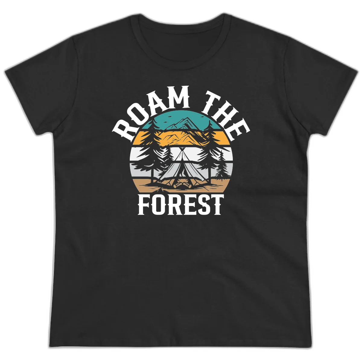 Roam the forest camping badge with tent, campfire, and layered landscape design in teal, gold, and white in Black