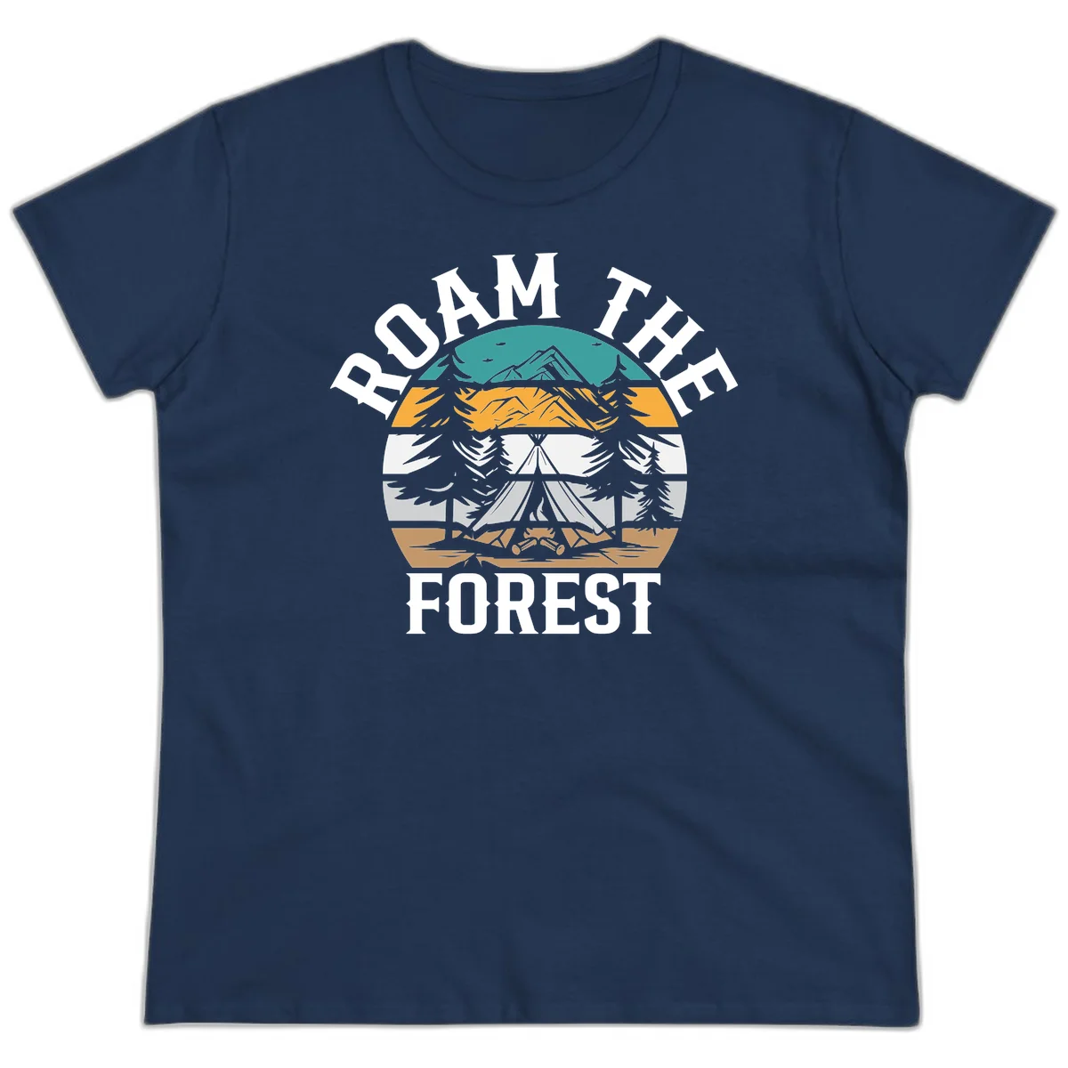 Roam the forest camping badge with tent, campfire, and layered landscape design in teal, gold, and white in Navy