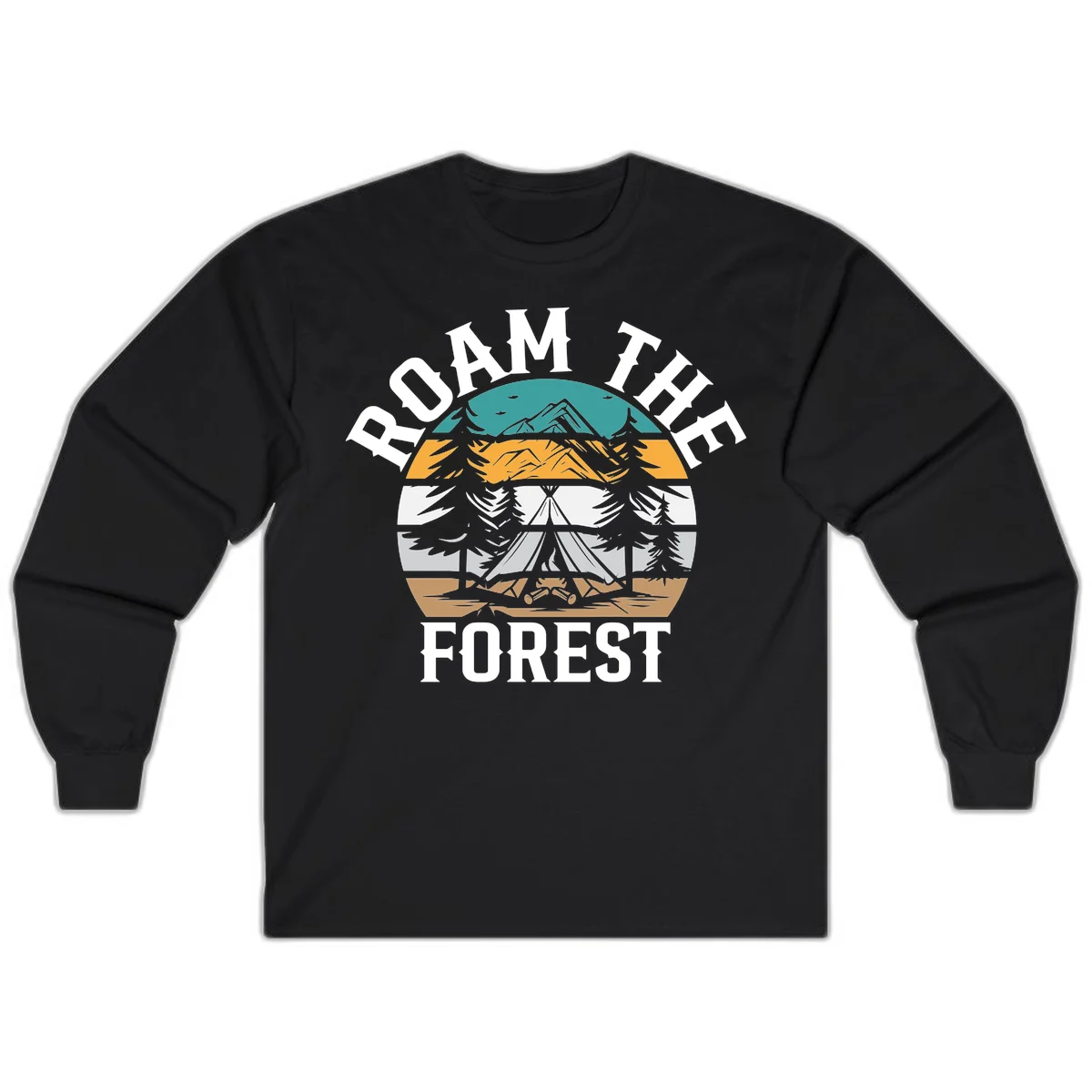 Roam the forest camping badge with tent, campfire, and layered landscape design in teal, gold, and white in Black