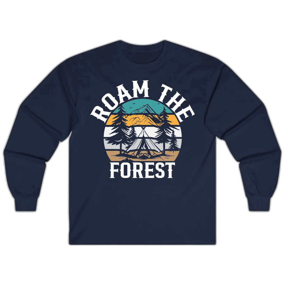 Roam the forest camping badge with tent, campfire, and layered landscape design in teal, gold, and white in Navy