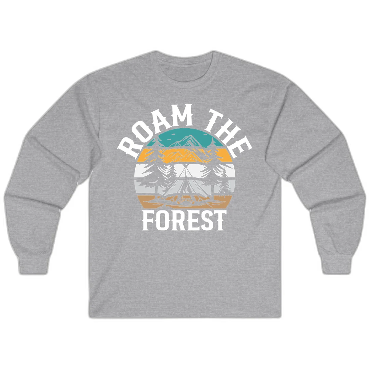 Roam the forest camping badge with tent, campfire, and layered landscape design in teal, gold, and white in Sport Grey