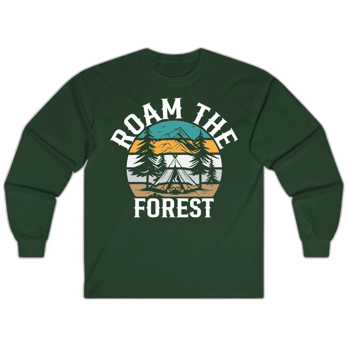 Roam the forest camping badge with tent, campfire, and layered landscape design in teal, gold, and white in Forest Green