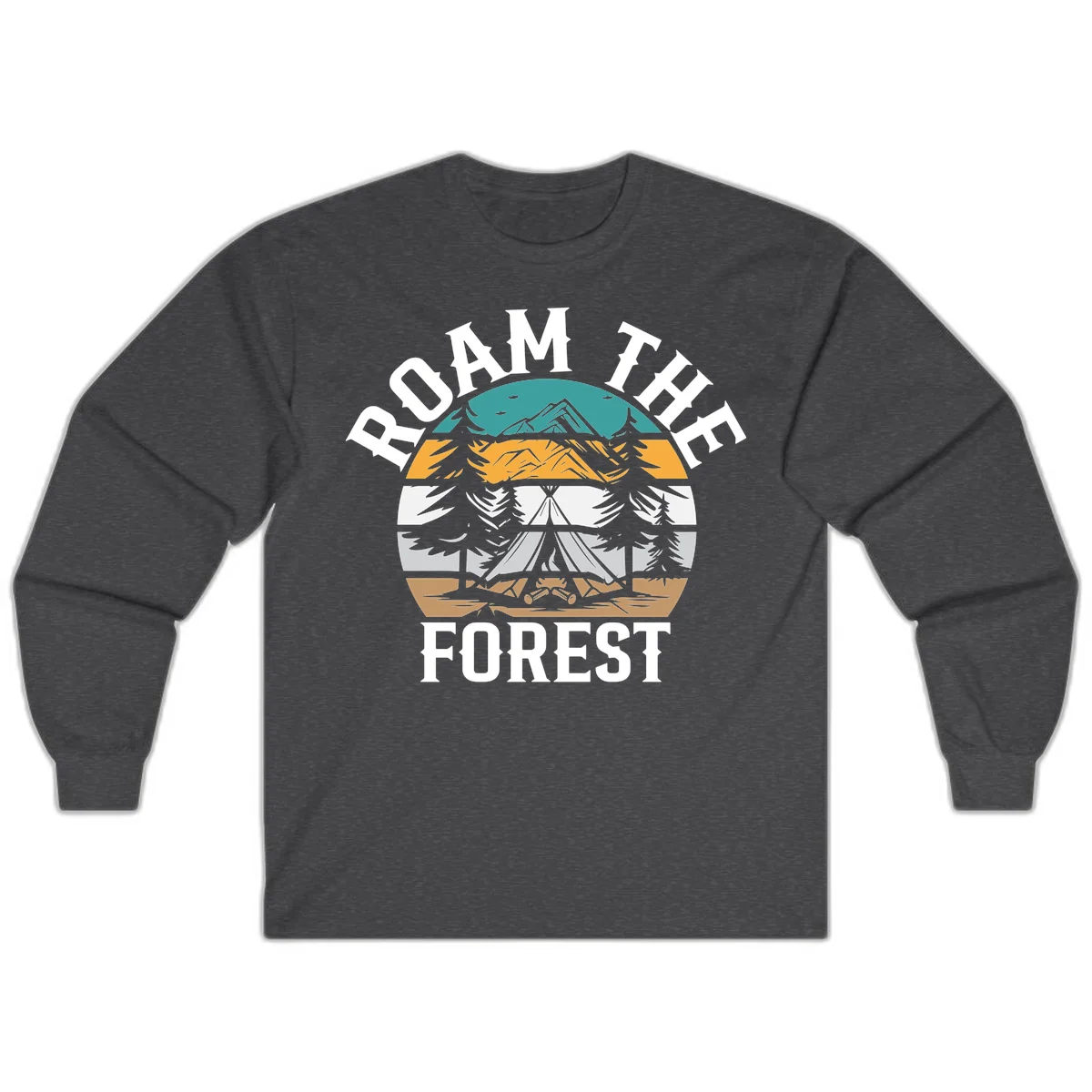 Roam the forest camping badge with tent, campfire, and layered landscape design in teal, gold, and white in Dark Heather