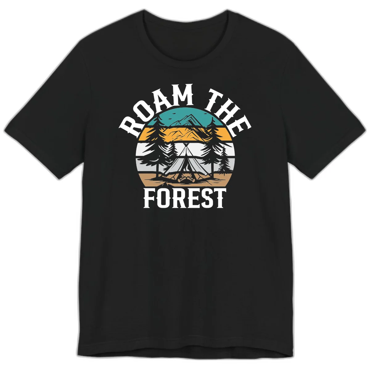 Roam the forest camping badge with tent, campfire, and layered landscape design in teal, gold, and white in Black