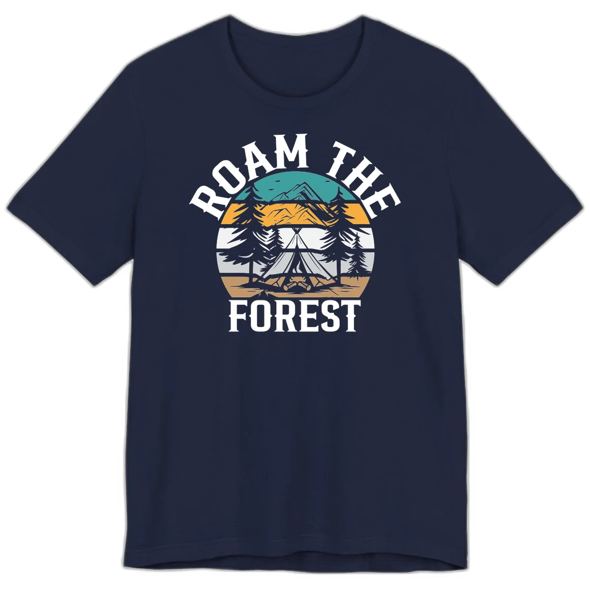 Roam the forest camping badge with tent, campfire, and layered landscape design in teal, gold, and white in Navy