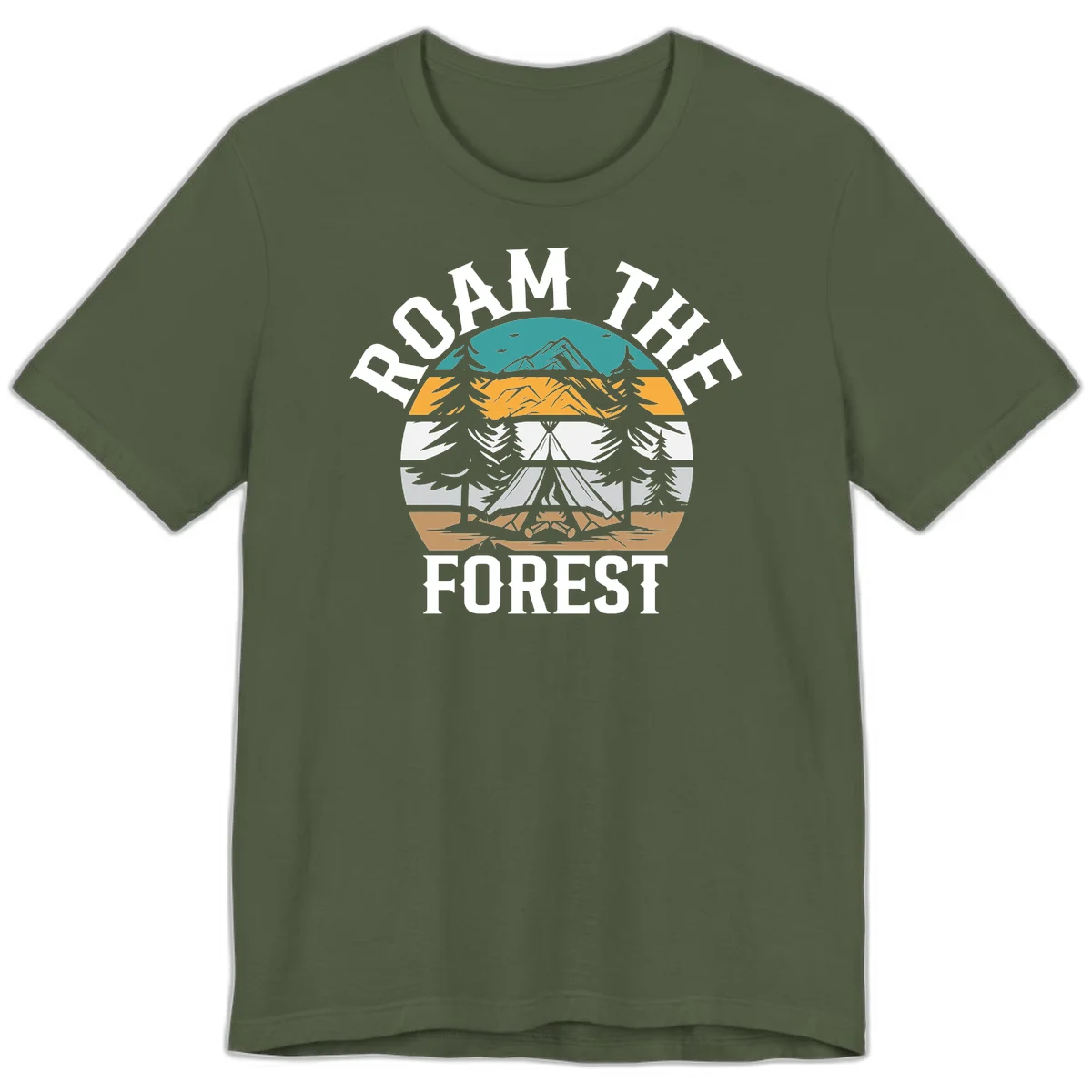 Roam the forest camping badge with tent, campfire, and layered landscape design in teal, gold, and white in Military Green