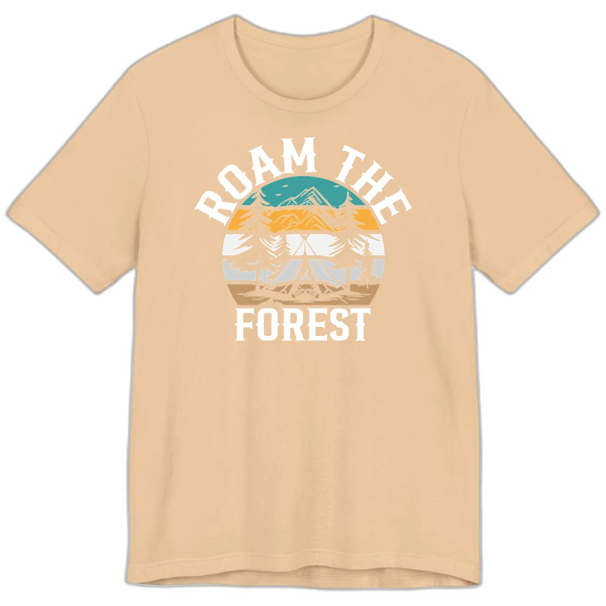 Roam the forest camping badge with tent, campfire, and layered landscape design in teal, gold, and white in Sand Dune