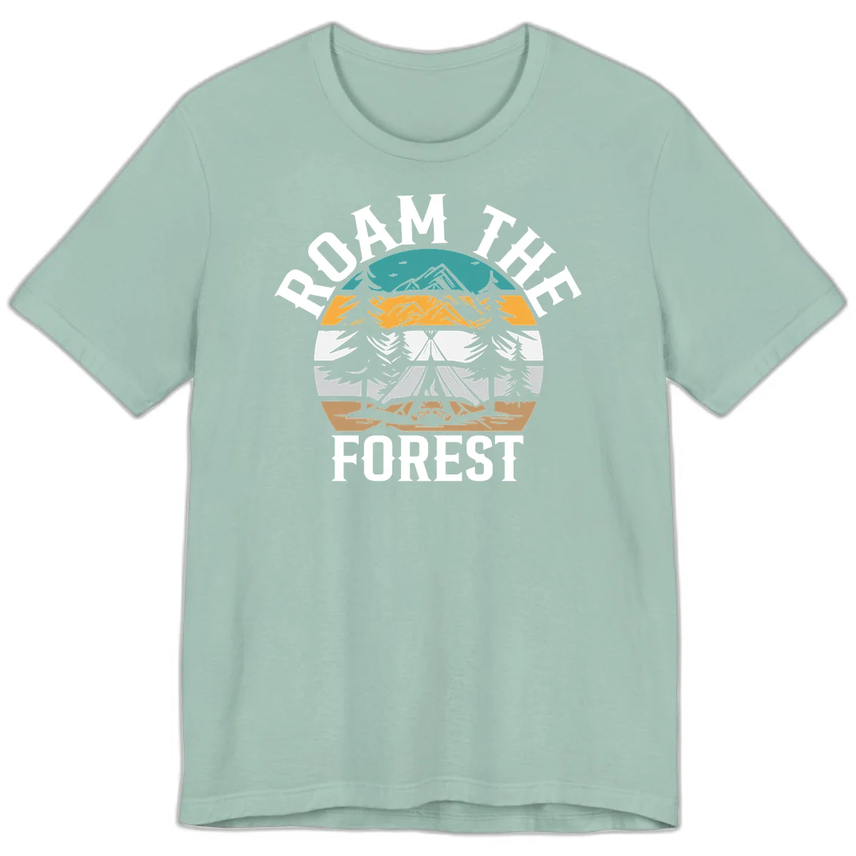 Roam the forest camping badge with tent, campfire, and layered landscape design in teal, gold, and white in Dusty Blue