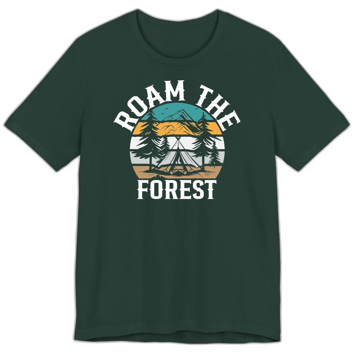 Roam the forest camping badge with tent, campfire, and layered landscape design in teal, gold, and white in Forest