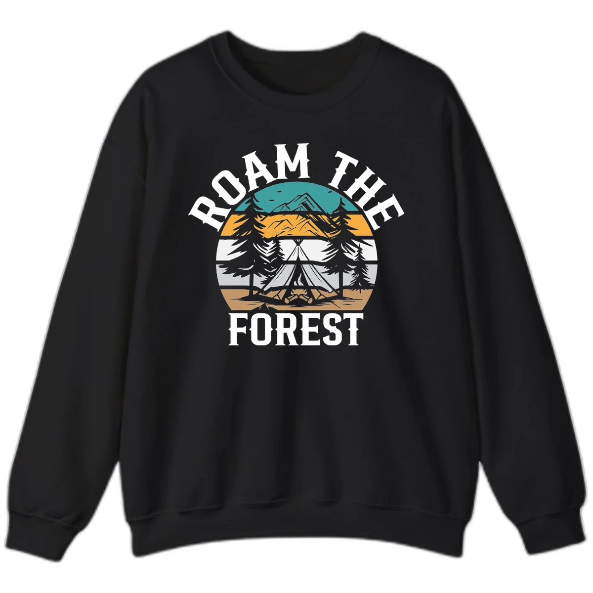 Roam the forest camping badge with tent, campfire, and layered landscape design in teal, gold, and white in Black