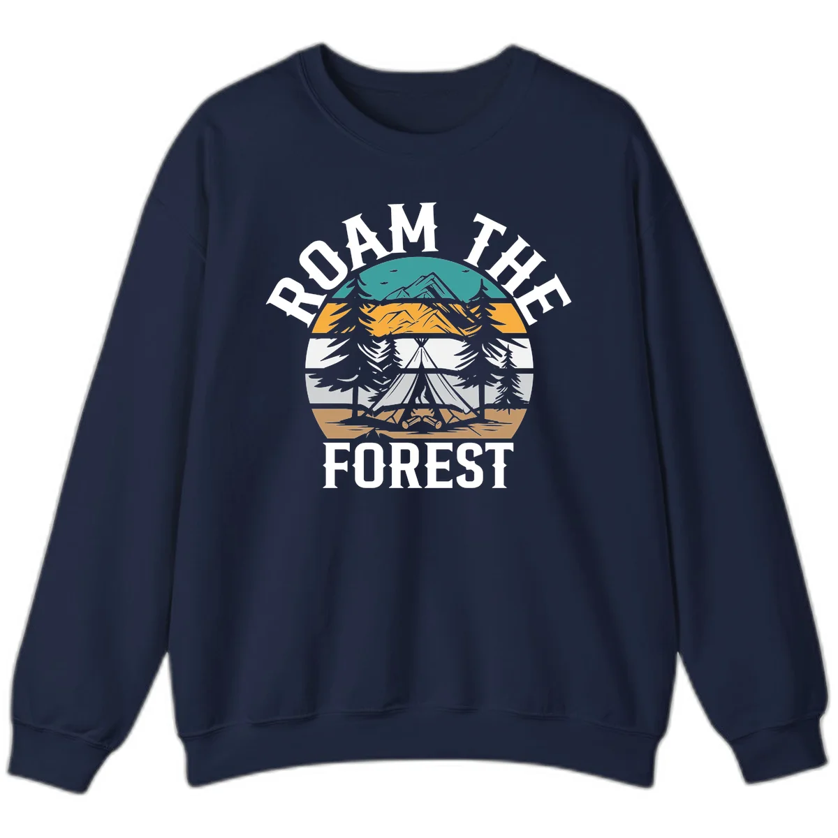 Roam the forest camping badge with tent, campfire, and layered landscape design in teal, gold, and white in Navy
