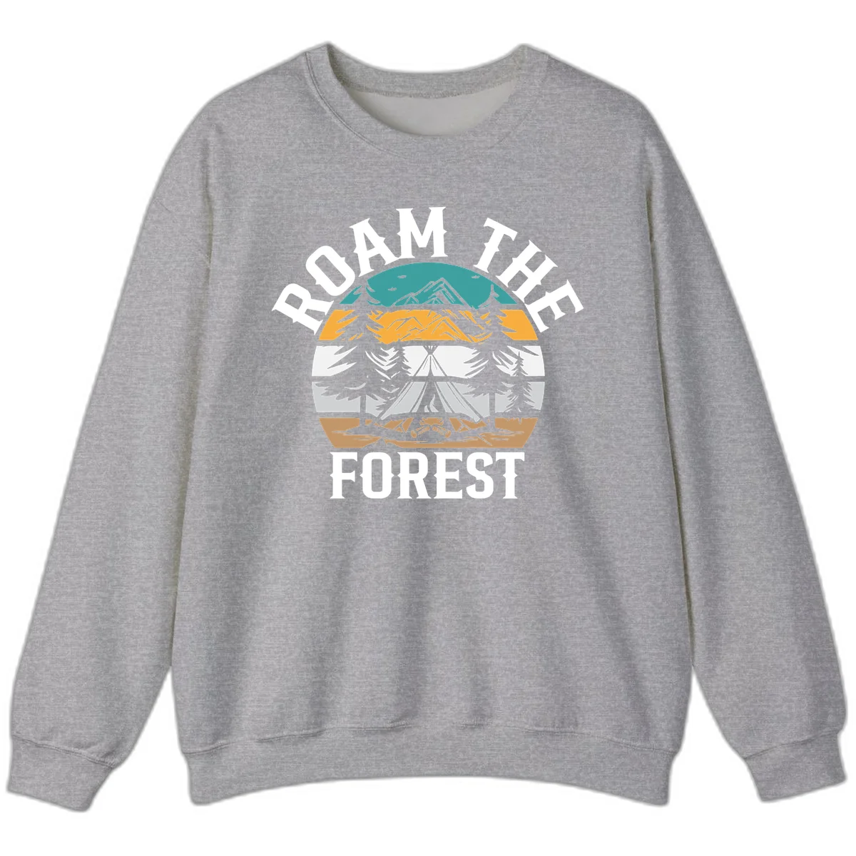 Roam the forest camping badge with tent, campfire, and layered landscape design in teal, gold, and white in Sport Grey