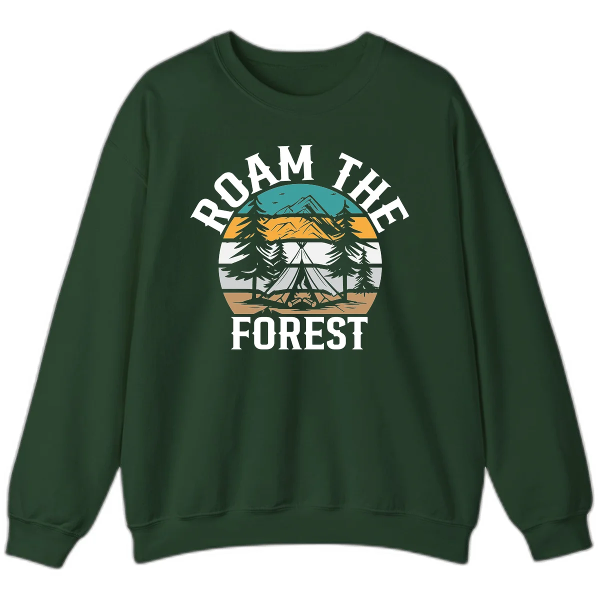 Roam the forest camping badge with tent, campfire, and layered landscape design in teal, gold, and white in Forest Green