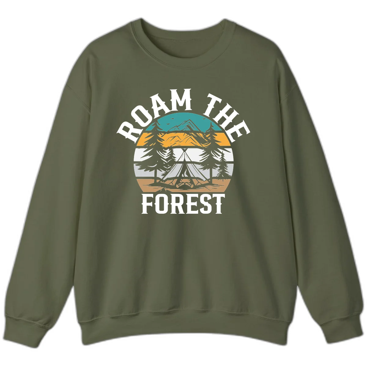 Roam the forest camping badge with tent, campfire, and layered landscape design in teal, gold, and white in Military Green
