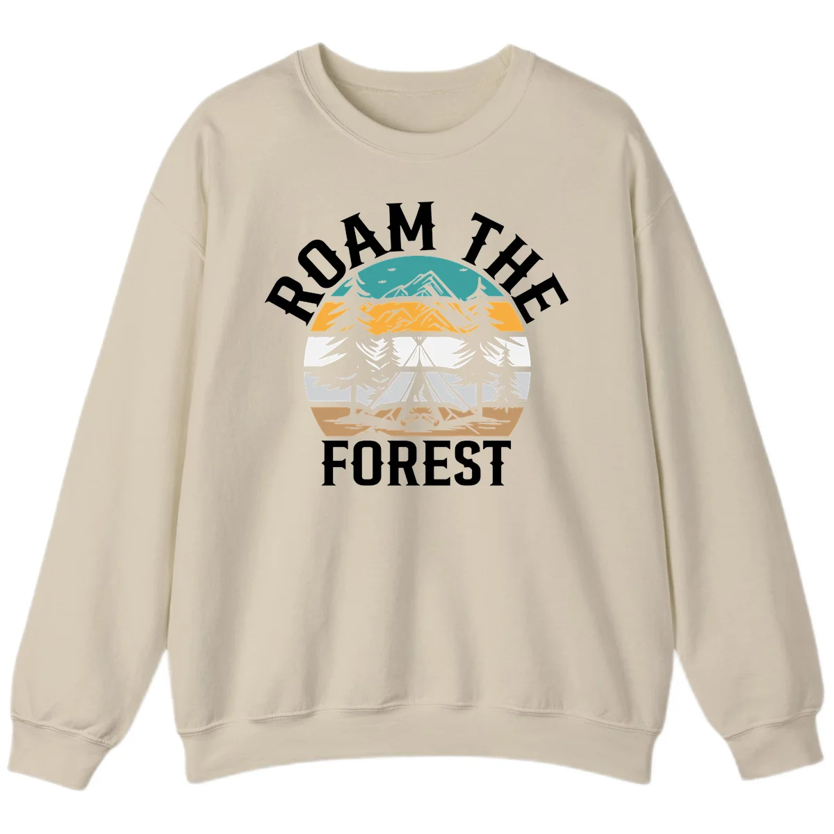 Roam the forest camping badge with tent, campfire, and layered landscape design in teal, gold, and white in Sand