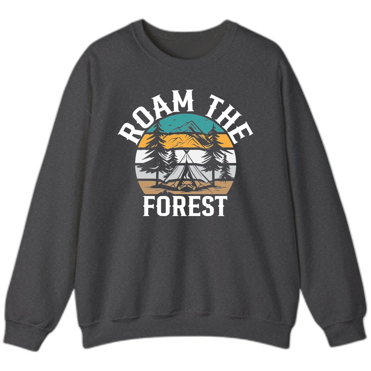 Roam the forest camping badge with tent, campfire, and layered landscape design in teal, gold, and white in Dark Heather