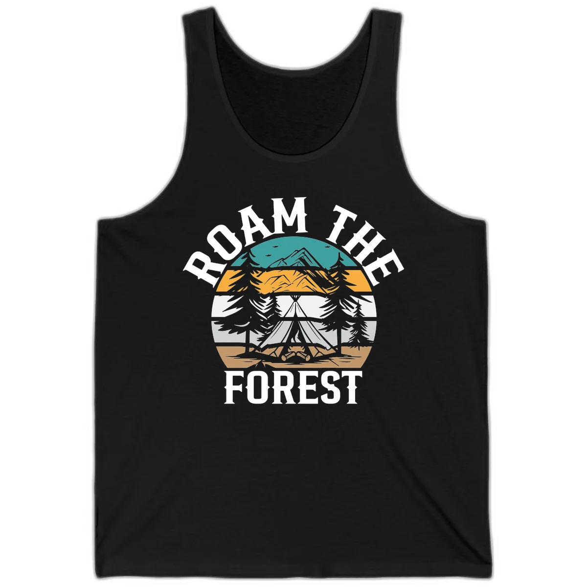 Roam the forest camping badge with tent, campfire, and layered landscape design in teal, gold, and white in Black
