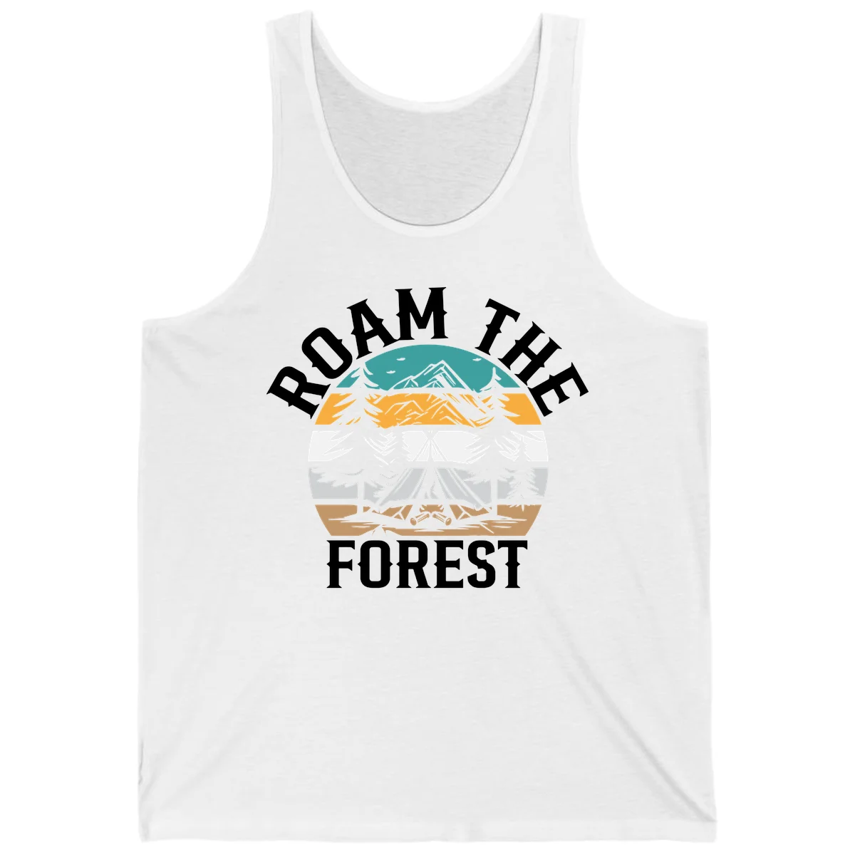 Roam the forest camping badge with tent, campfire, and layered landscape design in teal, gold, and white in White