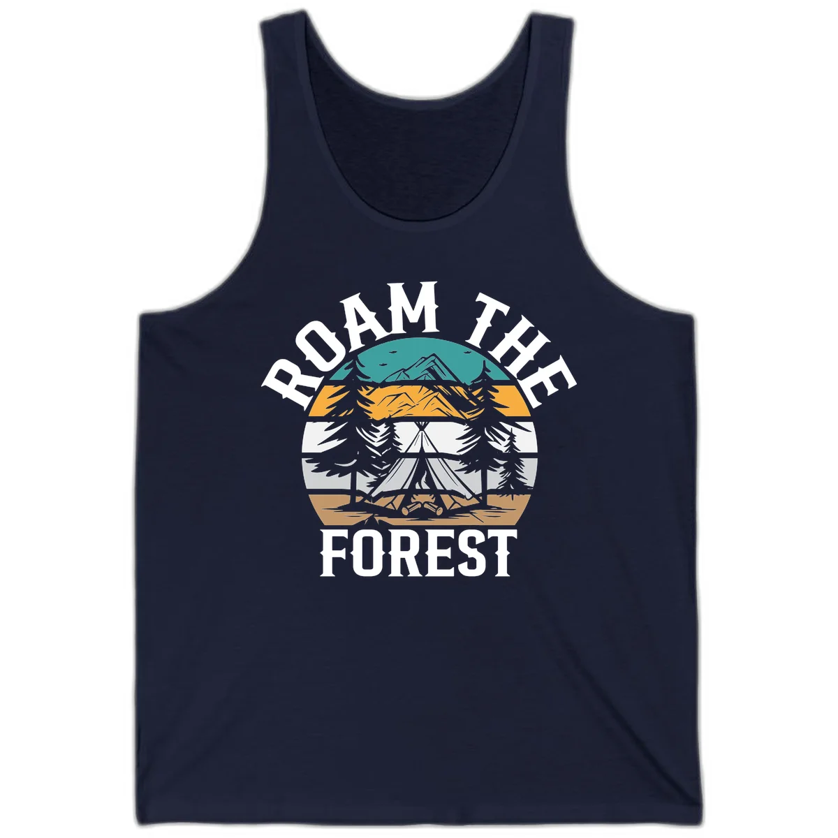 Roam the forest camping badge with tent, campfire, and layered landscape design in teal, gold, and white in Navy