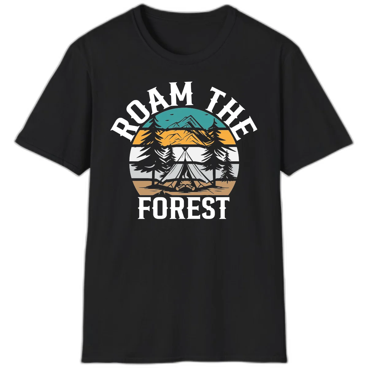 Roam the forest camping badge with tent, campfire, and layered landscape design in teal, gold, and white in Black