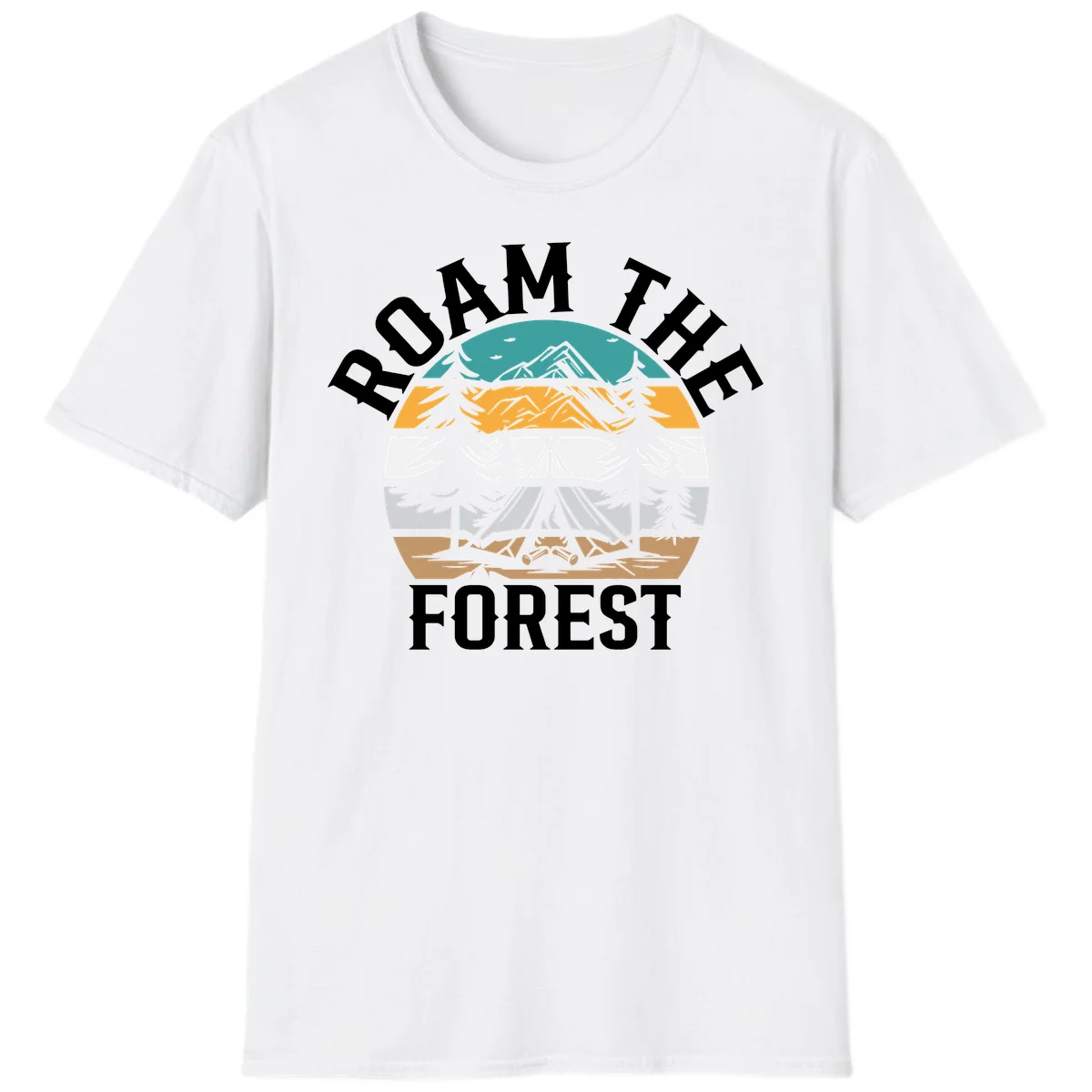 Roam the forest camping badge with tent, campfire, and layered landscape design in teal, gold, and white in White