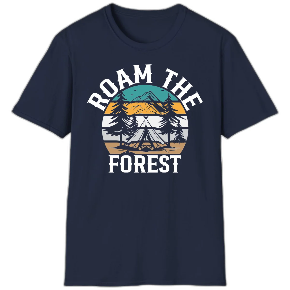 Roam the forest camping badge with tent, campfire, and layered landscape design in teal, gold, and white in Navy