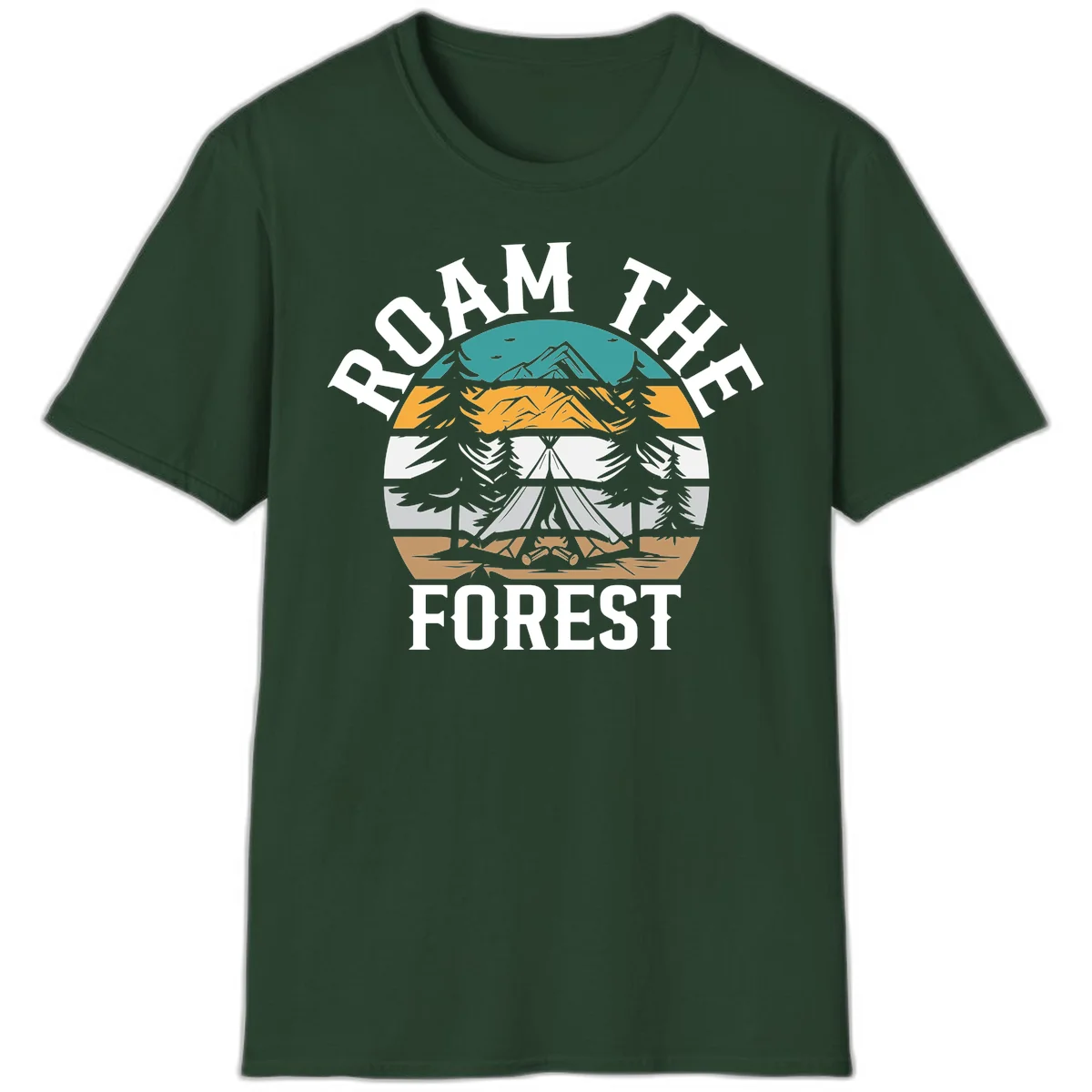 Roam the forest camping badge with tent, campfire, and layered landscape design in teal, gold, and white in Forest Green