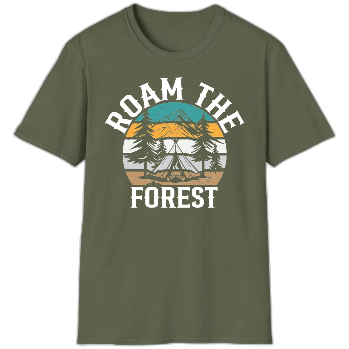 Roam the forest camping badge with tent, campfire, and layered landscape design in teal, gold, and white in Military Green