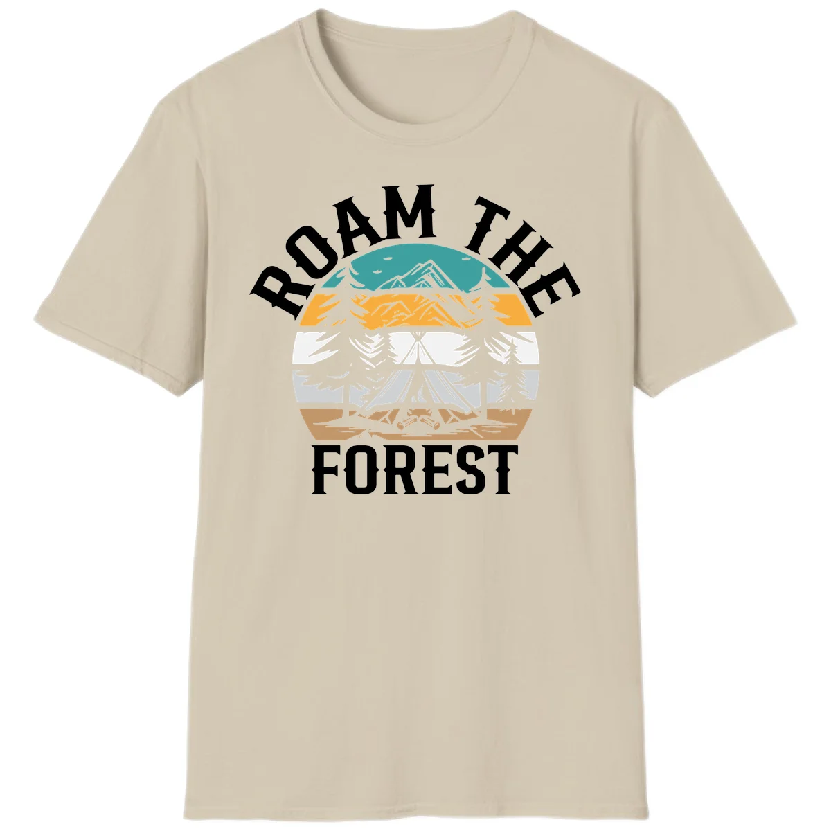 Roam the forest camping badge with tent, campfire, and layered landscape design in teal, gold, and white in Sand